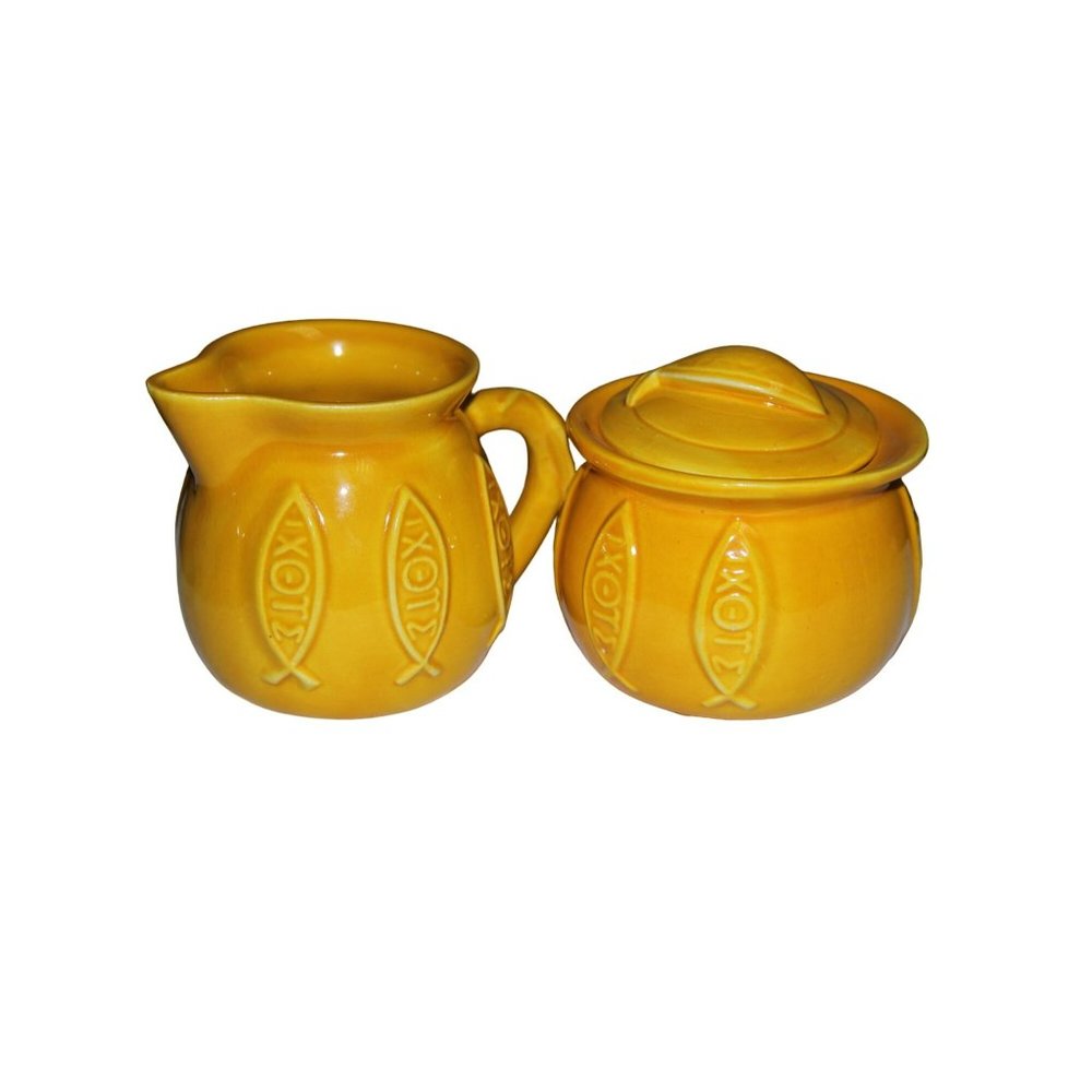 Creamer and Sugar Ceramic Dishes with Greek Writing Detail